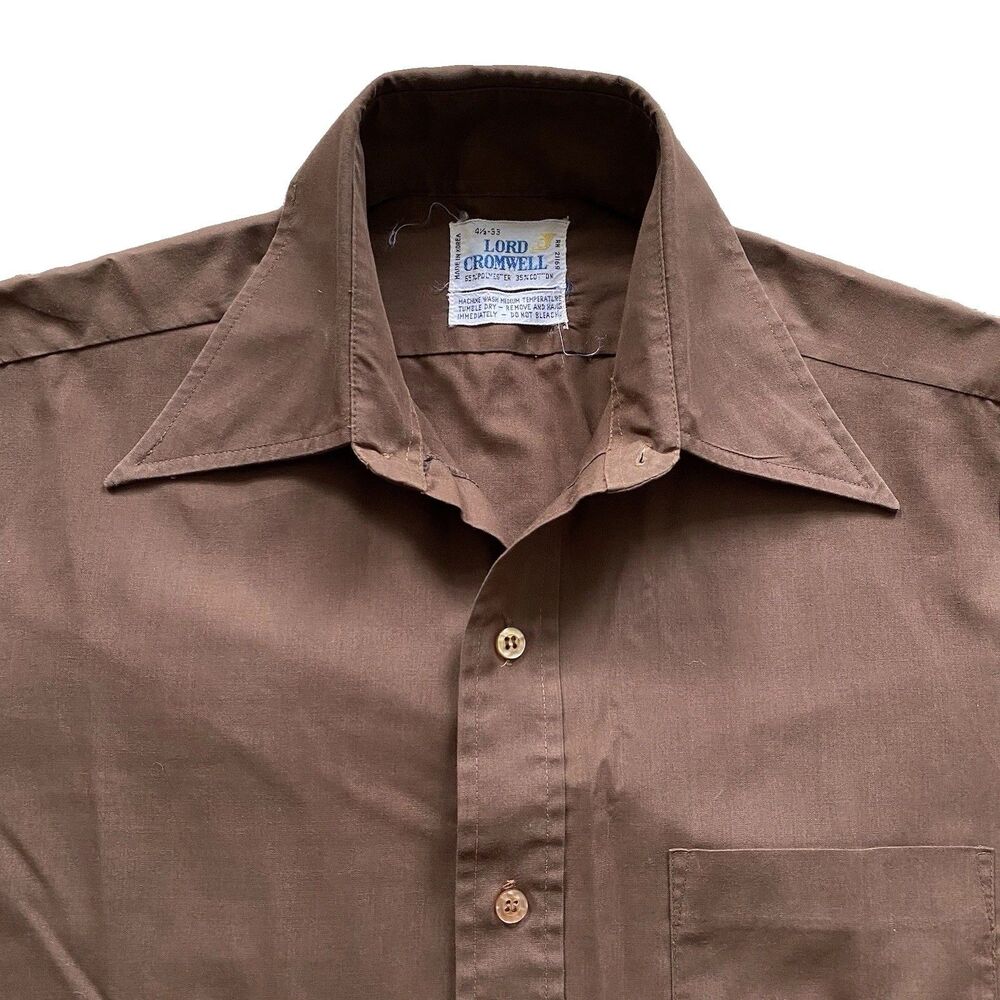 Vintage 70s Brown Shirt Small Lord Cromwell Big Collar 14.5 33